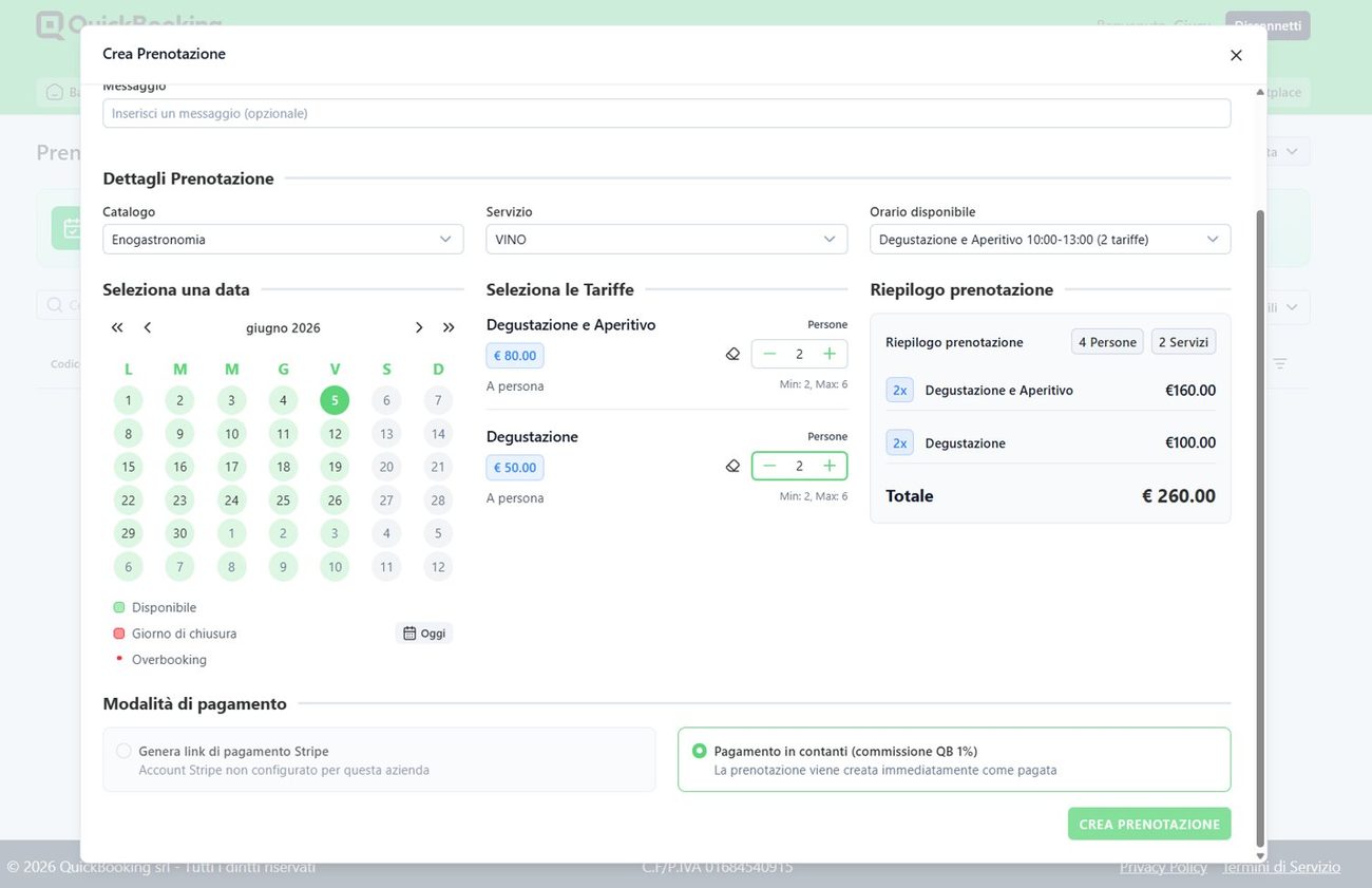 Catalogo, servizio, data, tariffe e pagamento