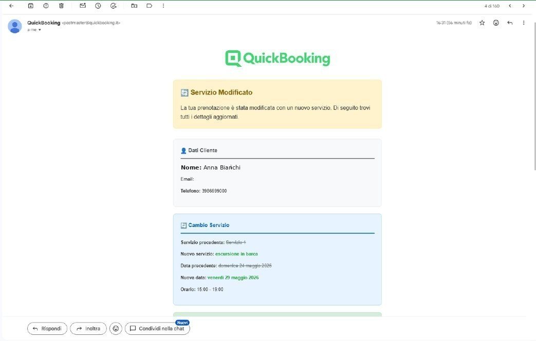 Email automatica di riepilogo cambio servizio